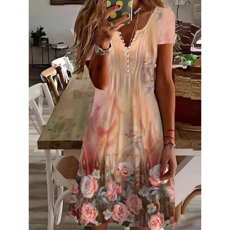 QICED Fashion Summer Spring  Short Sleeve V-Neck Casual Dresses
