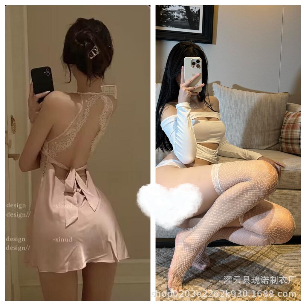 Sexy lace satin lingerie gentle wind perspective suspender nightdress low chest backless temptation miniskirt
