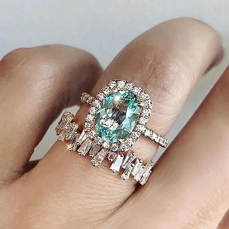 S Bridal Ring Sets Rose Gold Color Bright Zirconia Finger Jewelry for Engagement Party Gorgeous Accessories for Lady