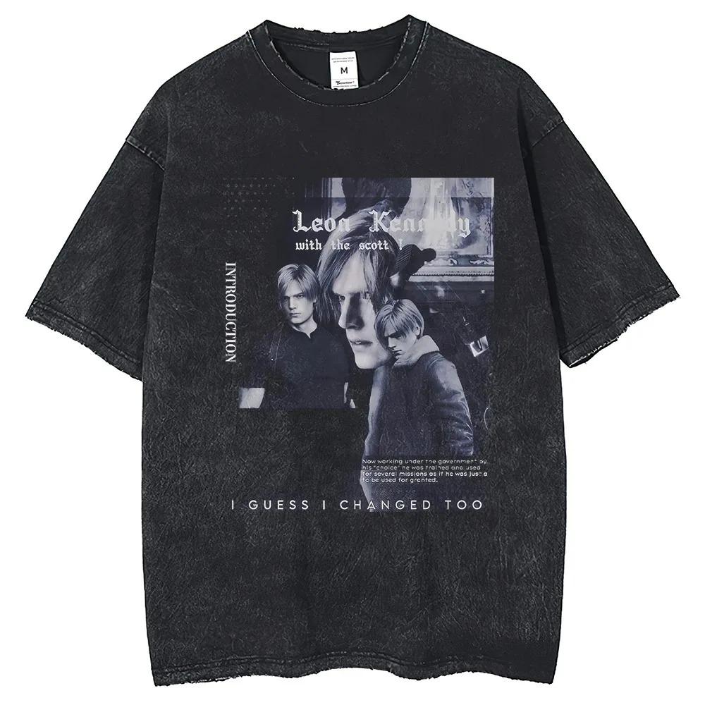 Game Leon S Kennedy Portrait Printed Short Sleeve T Shirt Harajuku Summer Vintage Wash Cotton Mens Loose Round Clothing