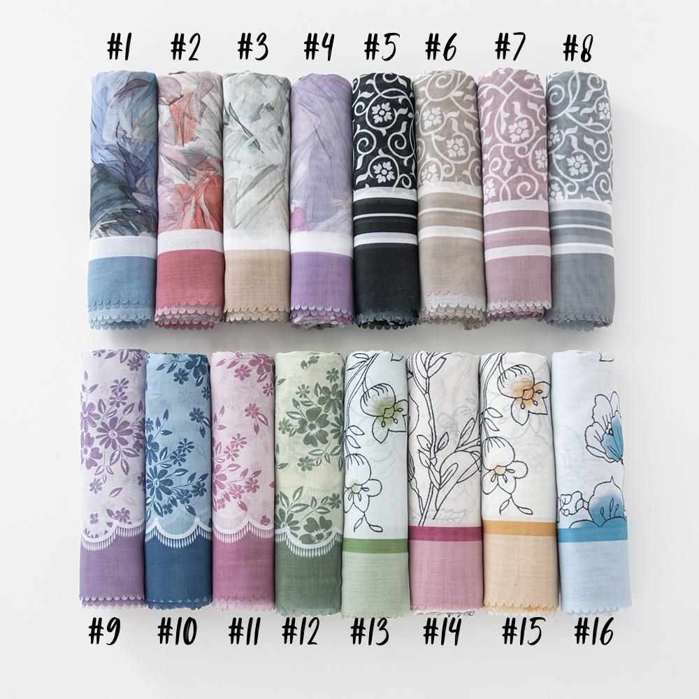 51Colors Malaysia Tudung Bawal Flower Print Hijab Laser Cut Edge Headscarf Premium Cotton Voile Soft Fashion Muslim Square Scarf