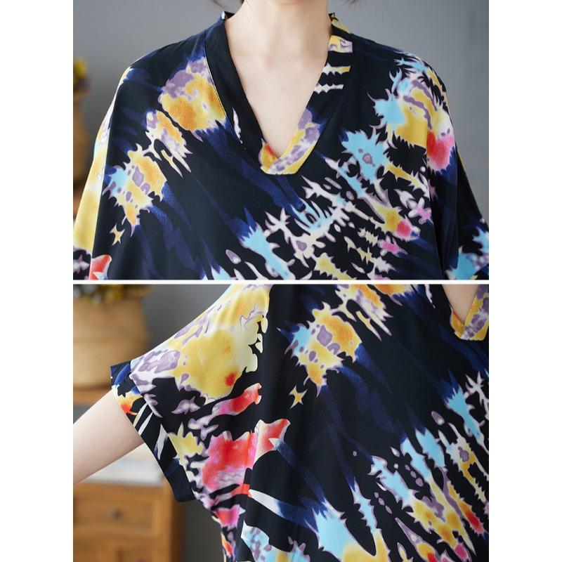Dimanaf Plus Size New 2025 Summer Printing Dress Women Basic V-Neck Beach Casual Long Fashion Loose Dress