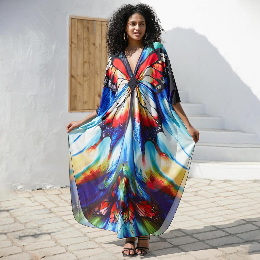 Strand Kaftan Kleider Damen Handgefertigt Gewebte Dekoration Cover Ups für Badebekleidung Schmetterling Bedruckte Maxi Robe Heißer Verkauf