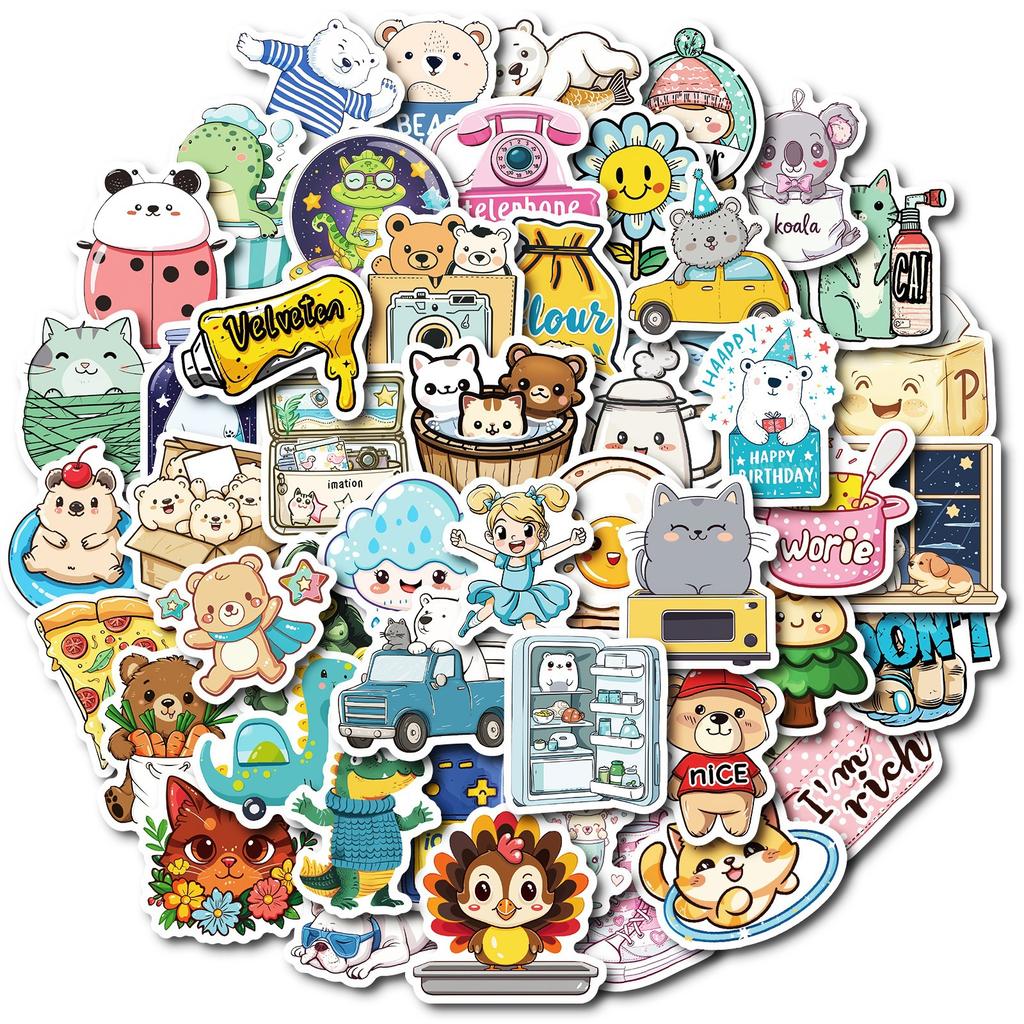 50 Pp Material Waterproof Stickers Cute Cartoon Small Animals Decoration Stickers DIY Hand Account
