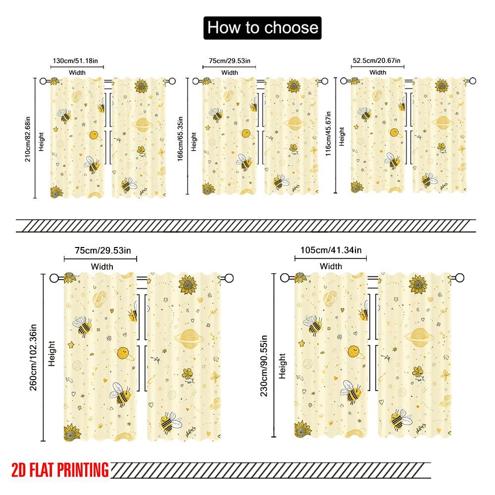 2pcs 2D Flat Printing Curtains Cute Bee Flower Stars Polyester Without Electricity Party Decorations Use for Indoor Celebrations