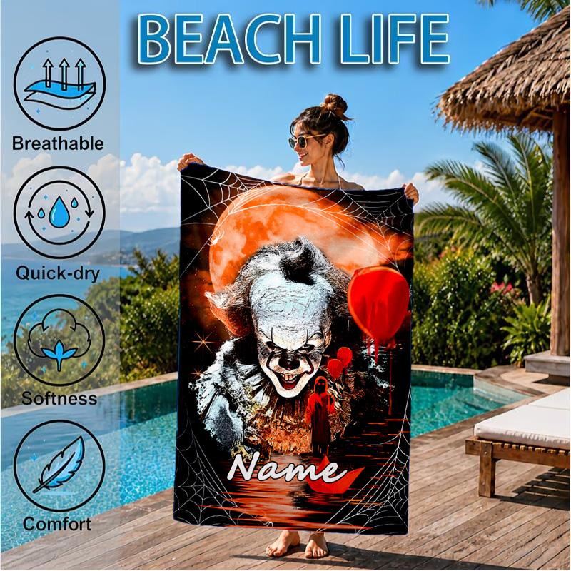 Custom Name Clown Horror Microfiber Beach Towel, Quick-Dry, for Summer Travel, Beach Essential, Picnic Essentials, Swimming Pool