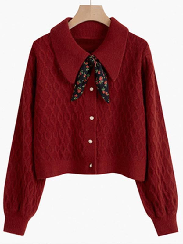 Women's Red Cable Knit Tie-Up Lapel Cardigan - Retro Long Sleeve Sweater Coat for Autumn/Winter