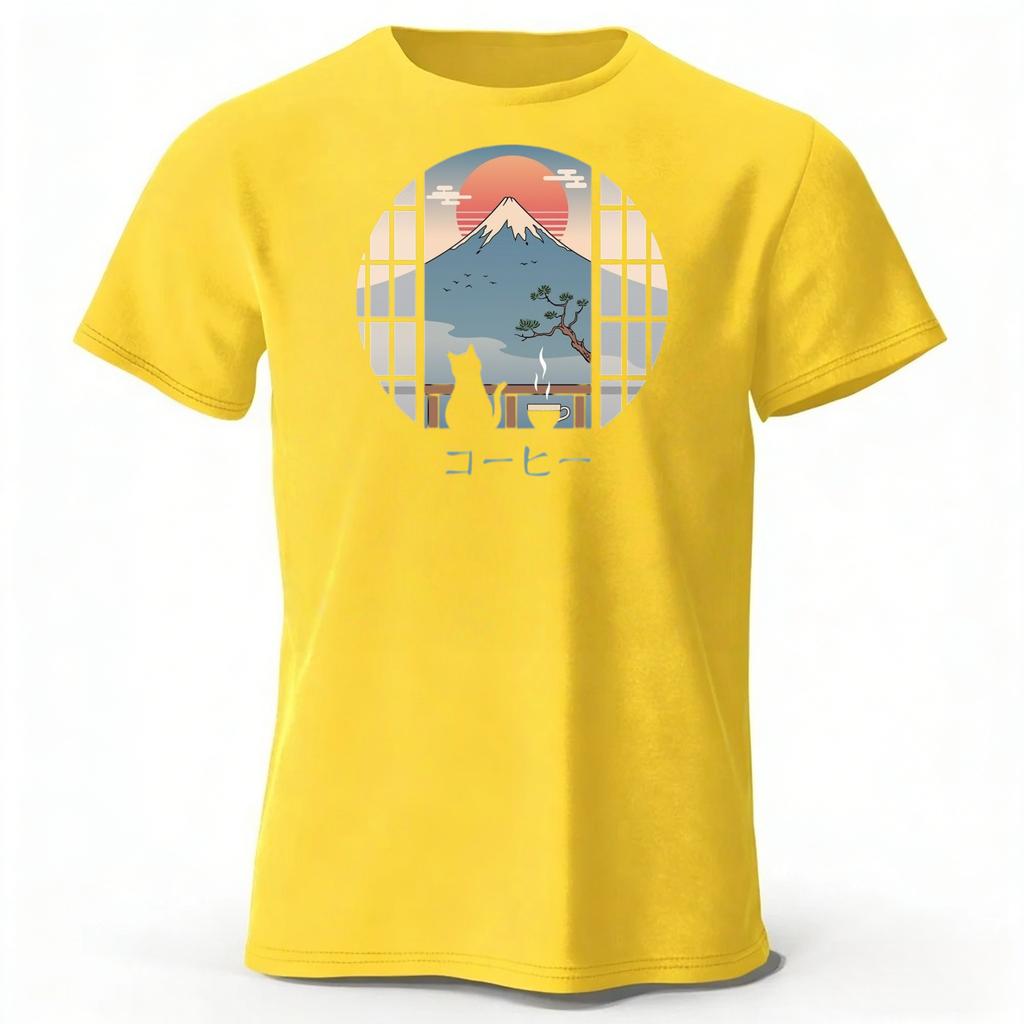 New Japanese Style Fuji Mountain Print Mens Pure Cotton Sports Running Fitness Short Sleeved Simple Style Plus Loose Tshirt