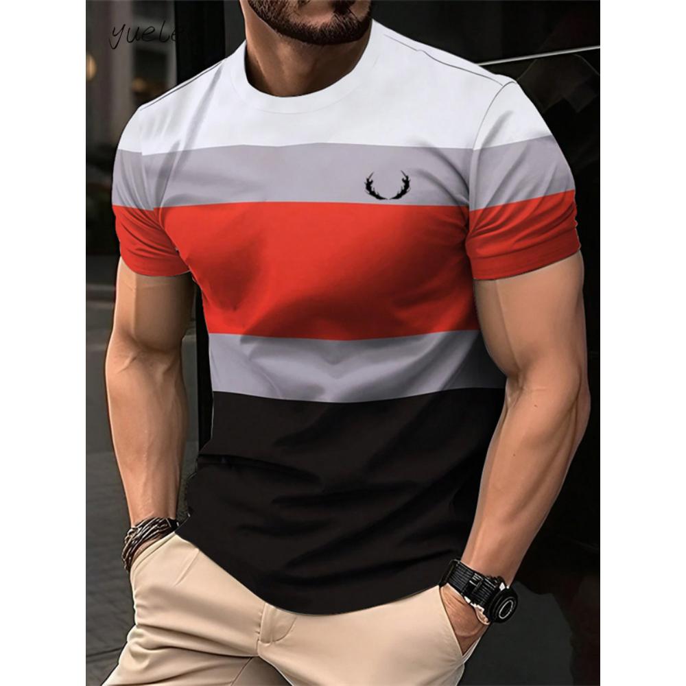 Fashion Striped Printed Men's T-Shirt Summer Breathable Men's Clothing Casual Loose Men Tops Versatile O-Neck Men Short Sleeved