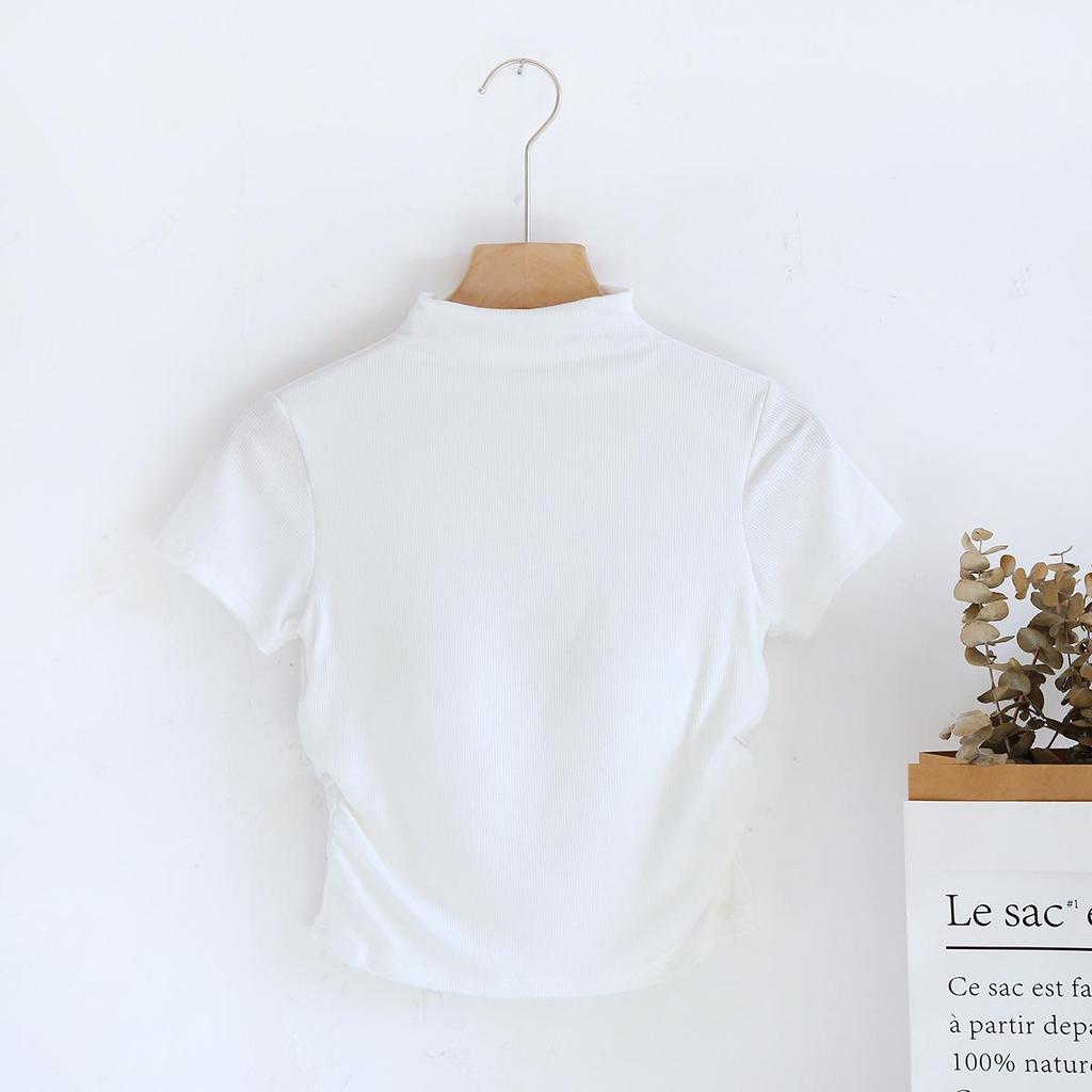 Women's Slim High Collar Short Sleeve T-Shirt with Chest Pads