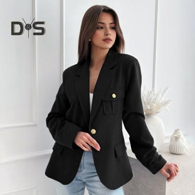 Women Suit Coat Lapel Long Sleeve Flap Pockets Suit Jacket Solid Color Single Button Office Lady Outwear