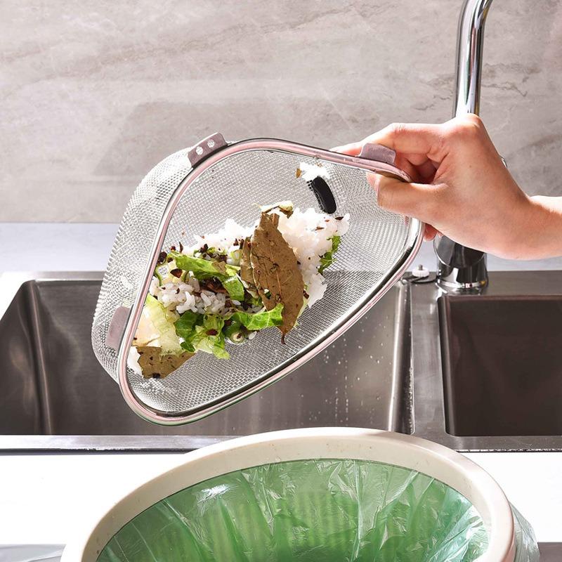 Cestello scolapiatti triangolare in acciaio inossidabile, filtro raccogli-rifiuti a rete removibile, facile da pulire, accessorio per scarico cucina da appendere o da appoggiare