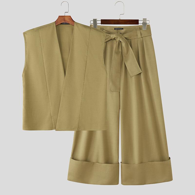 INCERUN Two Pieces Sets Men Sleeveless Tops and Long Loose Pants Outfits