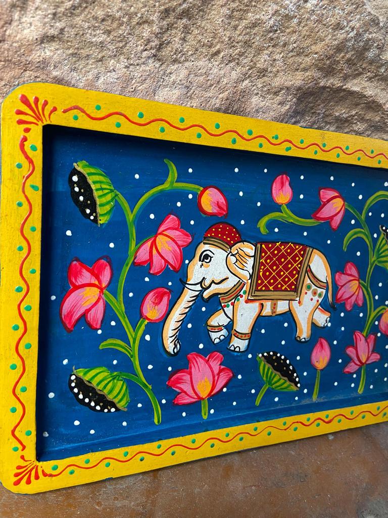 Handmade Wooden Elephant Wall Decor Lotus Floral Indian Folk Art