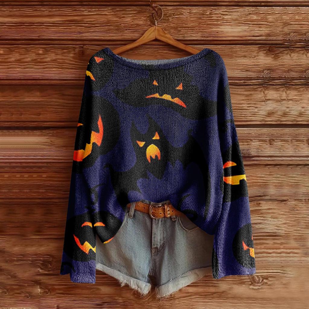 Women's Halloween Sweater, Bohemian Vintage Pattern Print Long Sleeve Knit Pullover