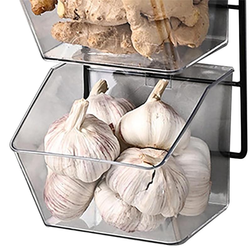 M-Modern-3 Compartments Wall Mounted Ginger Garlic Container Countertop Onion And Potato Storage Box With Metal Rack Durable Len