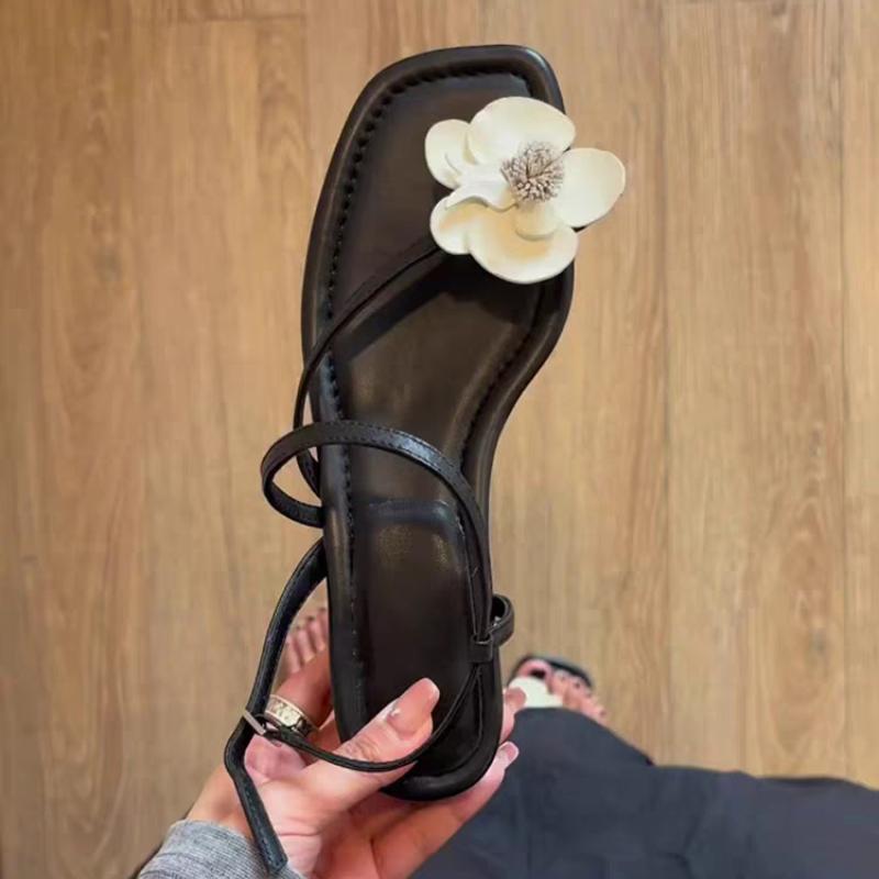 Modne kwiatowe sandały na obcasie dla kobiet, designerskie płytkie buty 2025, trend mody, lato, nowe, eleganckie klapki z klamrą, buty do sukienki dla kobiet