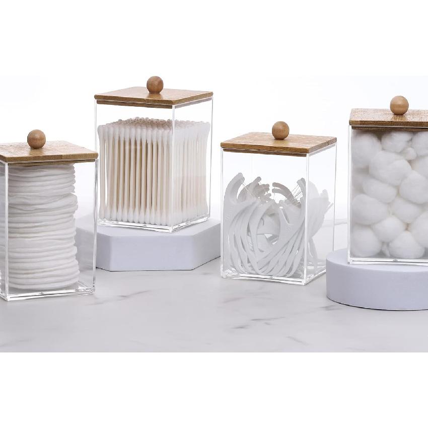 Tbestmax 12 OZ Cotton Swab/Ball/Pad Holder, Qtip Apothecary Jar, Clear Bathroom Containers Dispenser for Storage 4 Pack Wood Lids