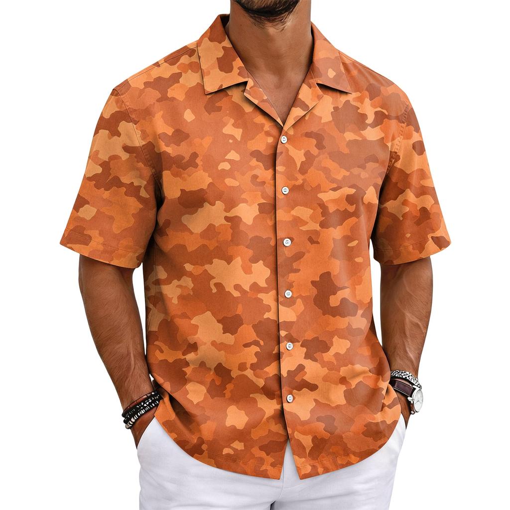 Men's Camouflage Short Sleeve Cuban Collar Shirt Lightweight Breathable Casual Button Down Shirt Summer Beachwear