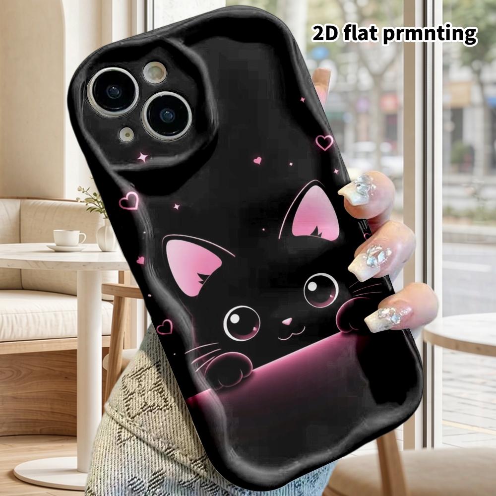 Phone Case: 2D Flat Design Suitable for iPhone 18 17 16 15 14 13 Pro Film Protective Case, Couple Style, Little Black Cat Peeking, Christmas and Hallo