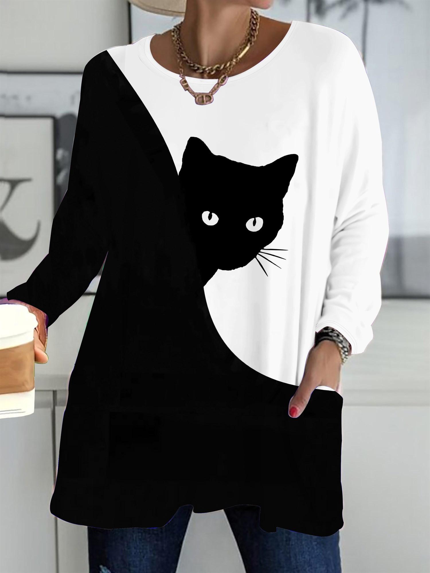 

2025 Autumn Winter New Plus Size Women s Tops, Cat 3D Print Fashion Crew Neck Long Sleeve T-Shirts 1XL белый