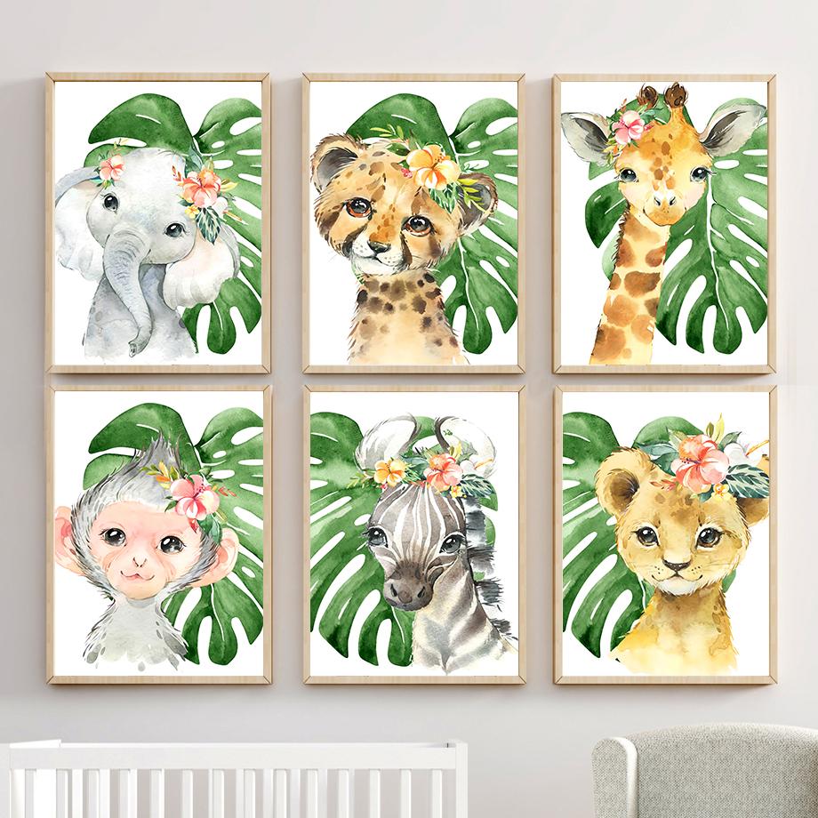 Lion Giraffe Elephant Zebra Tiger Leaves Wall Art Canvas PaintingNordic  Animal Posters And Prints Wall Pictures Baby Room Decor