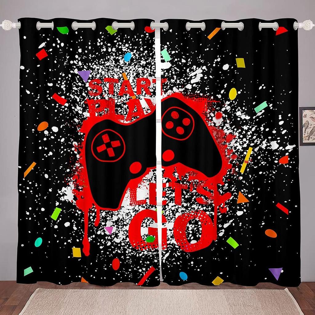 Gaming Thermal Insulated Window Drapes Teal Marble Gamepad Room Darkening Curtain for Kids Boys Girls Gamer Curtains for Bedroom