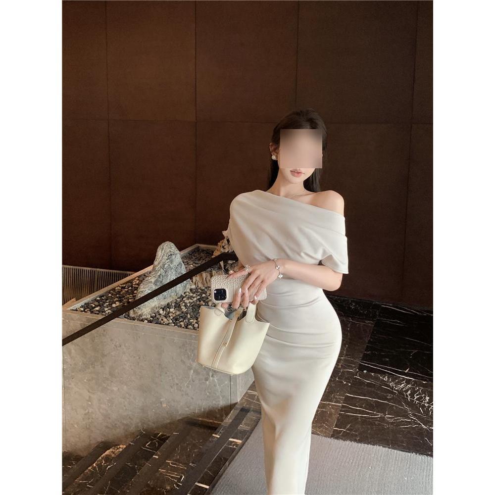 Swinging collar slanted shoulder open shoulder temperament medium and long irregular waist temperament hip-wrapped pleated dress women's clothing