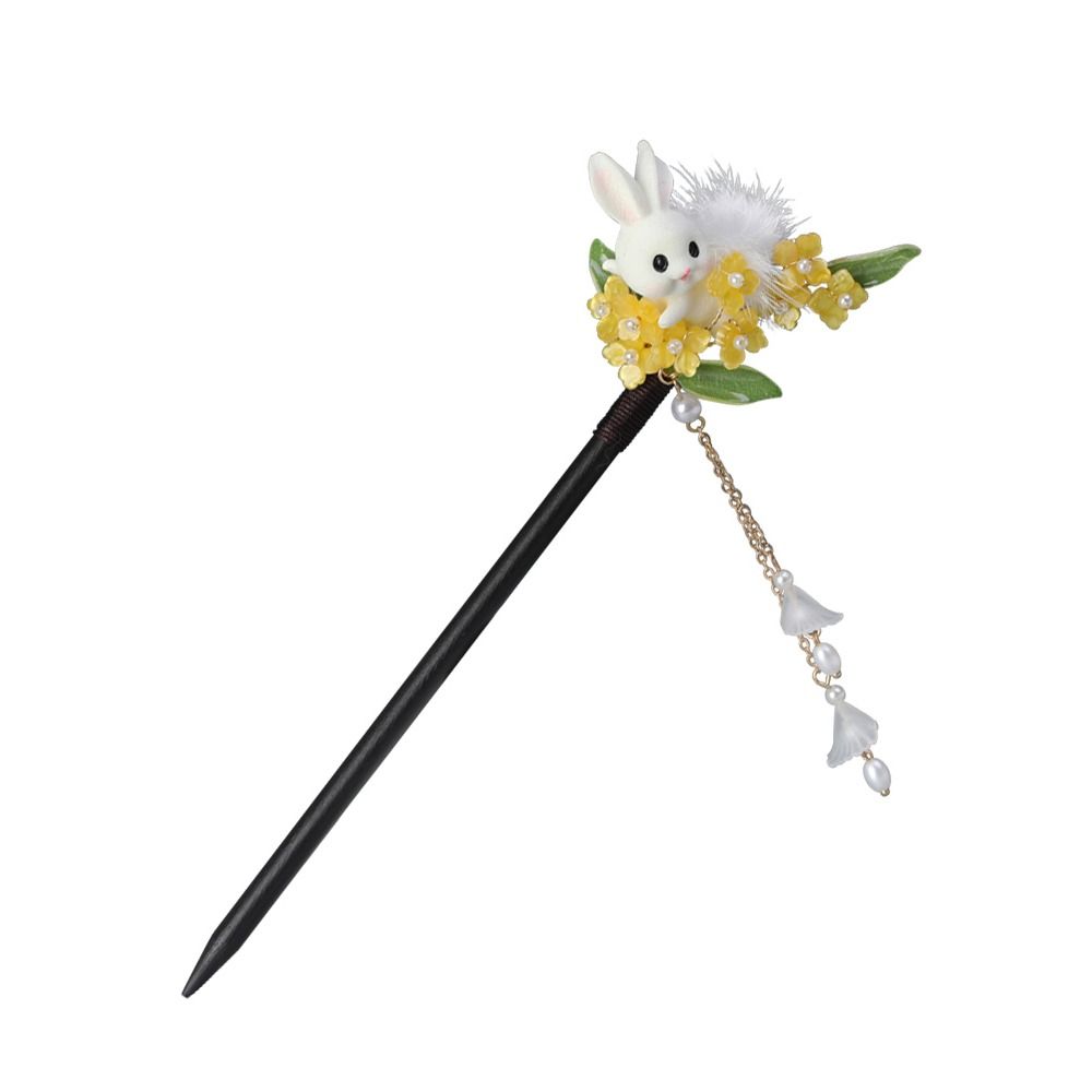 Flower Wooden Hair Stick Rabbit Hanfu Hairpin Antique   For Girl