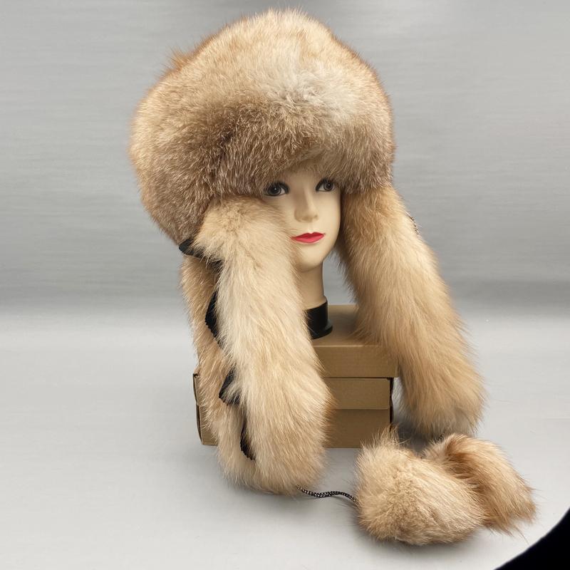 

Winter Fox Fur Bomber Hats Women Luxury Cold Hat Thick Warm Earflap Trapper Hats Ball Mongolian Hat Genuine Real Fur Hats adjustable 55-60cm золотий