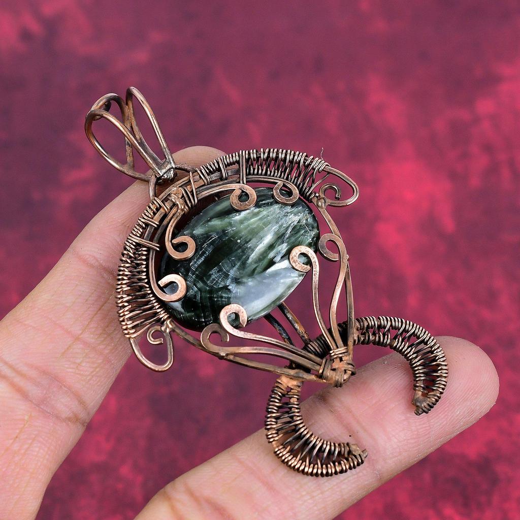 Seraphinite Pendant Copper Wire Wrapped Tortoise Jewelry Genuine Gemstone Pendant Handmade Jewelry Copper Wire Wrap Pendant Gifts for Mother