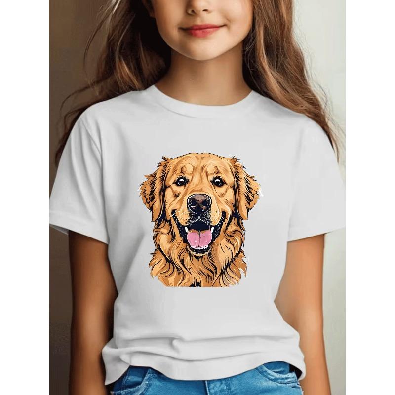 European sizes Cute Golden Retriever Puppy Face Print Short Sleeve T Shirt for Girls Casual Summer Street Style Kids Apparel Girls Daily Wear