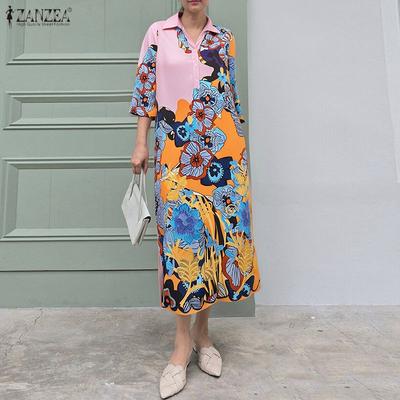 Women Turn Down Collar Loose Casual 3/4 Sleeve Print Long Dress