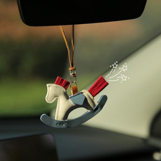 Cute Pony Pendant Car Rearview Mirror Charm Elegant Faux Leather Hanging Ornament for Car