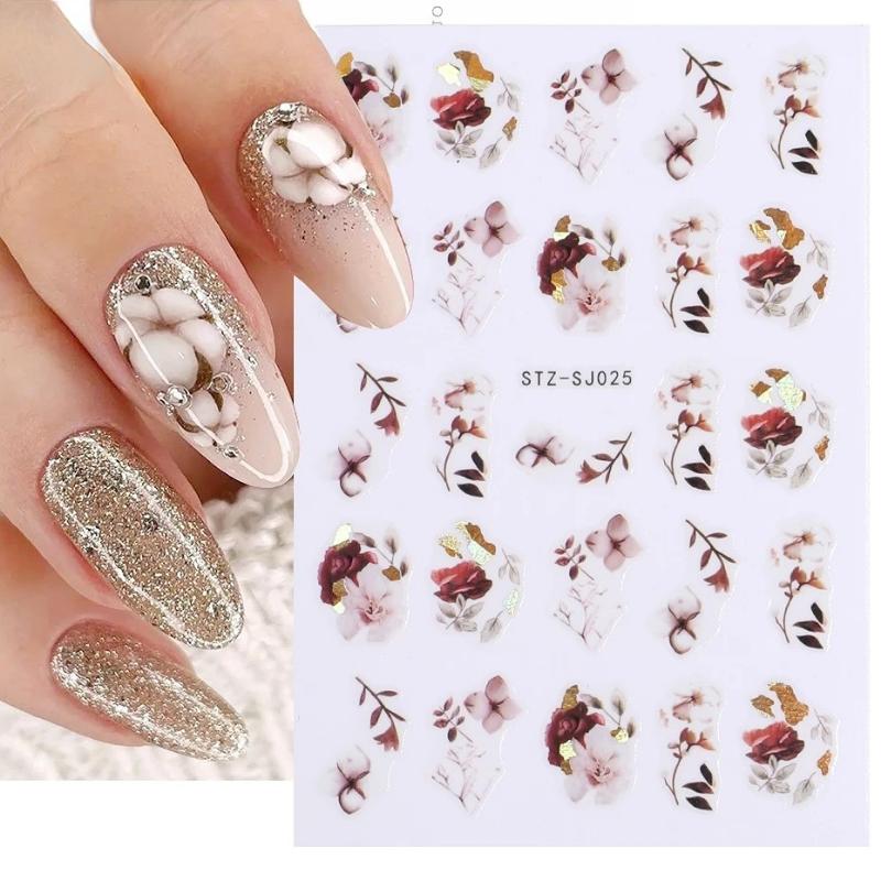 Cotton Flowers Transfer Decals 3D Nail Stickers Gold Leaf Nail Adhesive Sliders Nail Manicure Decorations