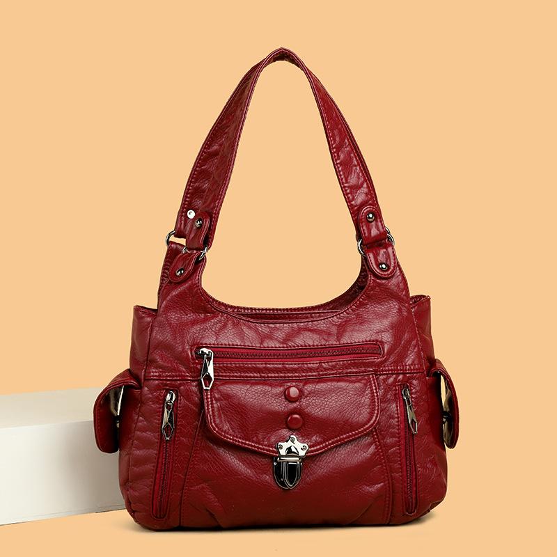 

Washed leather women s bag handbag retro fashion rivet soft leather tote bag multi-pocket large-capacity messenger bag червоний