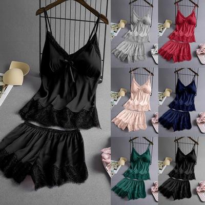 Vrouwen V-hals Wimper Zijde Kant Sexy Vlek Camisole Pyjama Strik Shorts Set