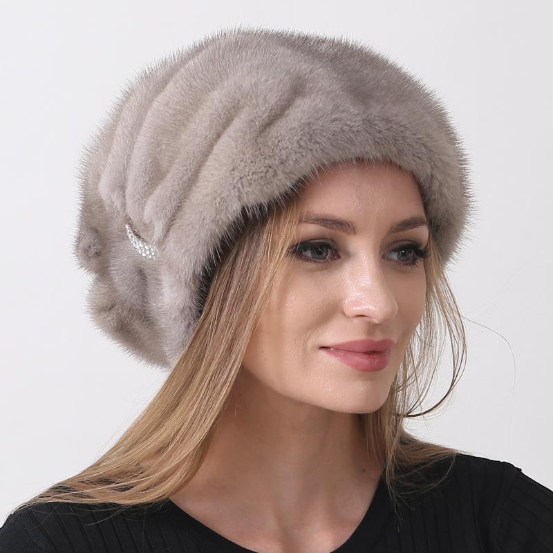 Women's Winter White Snow Hat Luxury Natural Mink Fur Christmas Hat, Warm Soft Fluffy Trapper Cap for Outdoor Cold Weather