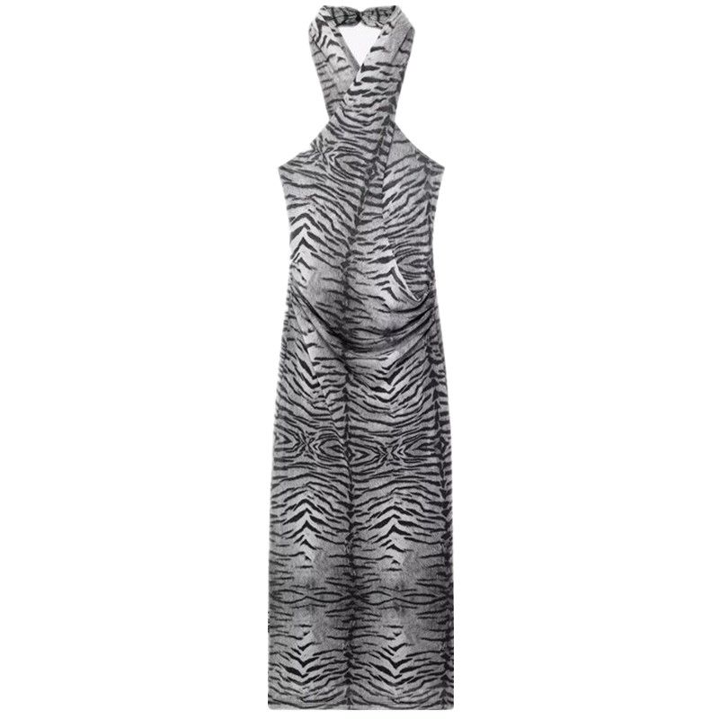 Fashion Style 2024 Autumn New Women's Clothing Animal Pattern Cross Hanging Collar Backless Dress 8754497