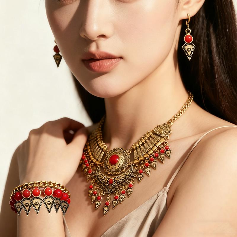 New 3-Piece Set Ethnic Retro Tassel Jewelry Set Sweater Chain Collar Chain Necklace Earrings Bracelet for Women