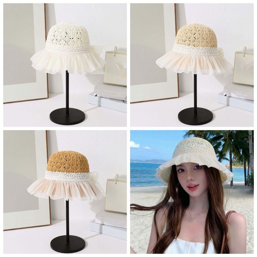 Breathable Vacation Beach Cap Lightweight Woven Sun Cap Wide Brimmed Straw Hat  Spring / Summer