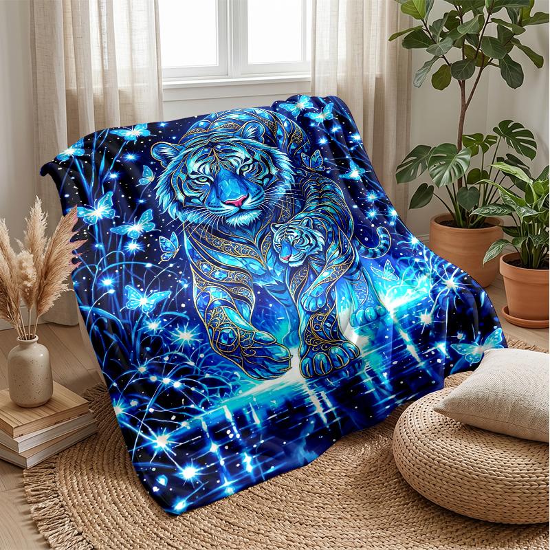 Blue Tiger Ocean Wave Blanket Personalized Name Flannel Blanket Soft Cozy Plush Throw for Sofa Bed Lightweight Home Decor