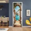 Adesivos de porta com tema oceano azul apresentando designs de arcos de pedra e papel de parede de paisagem mediterrânea, adequados para decoração de casa.