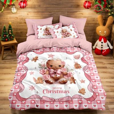 Three-Piece Christmas Themed Quilt Set Twin Size, Oversized Girly Pink Cartoon Sugar Cookie Bedding Christmas Element Printed