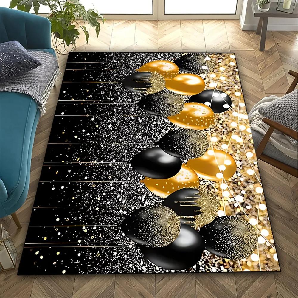 Black & Gold Photo-Inspired Area Rug – Luxe Polyester Plush Carpet for Living Room Bedroom Porch, Indoor Floor Mat Decor