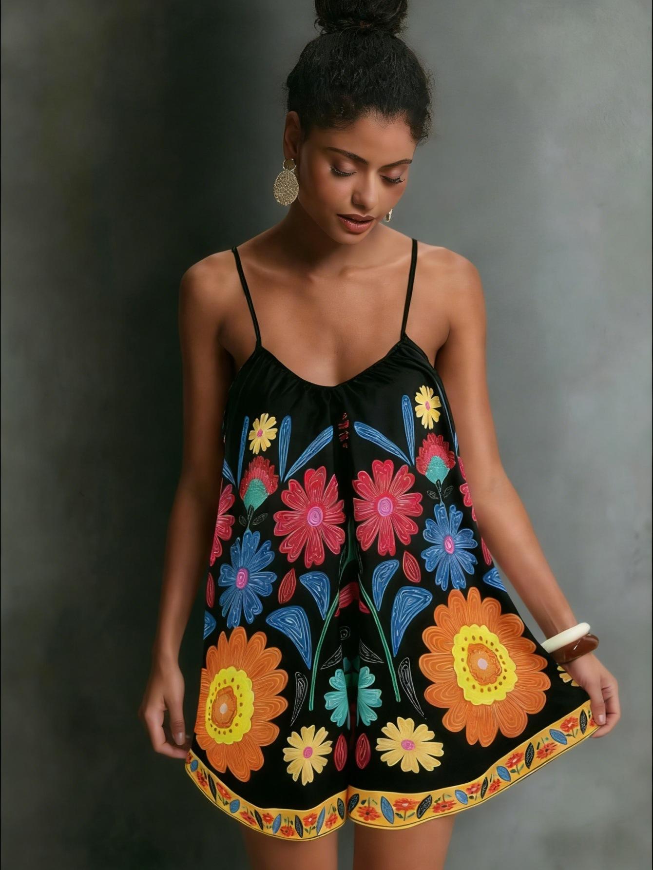 

New ethnic style print suspender dress women s summer sexy backless holiday style skirt XL чорний
