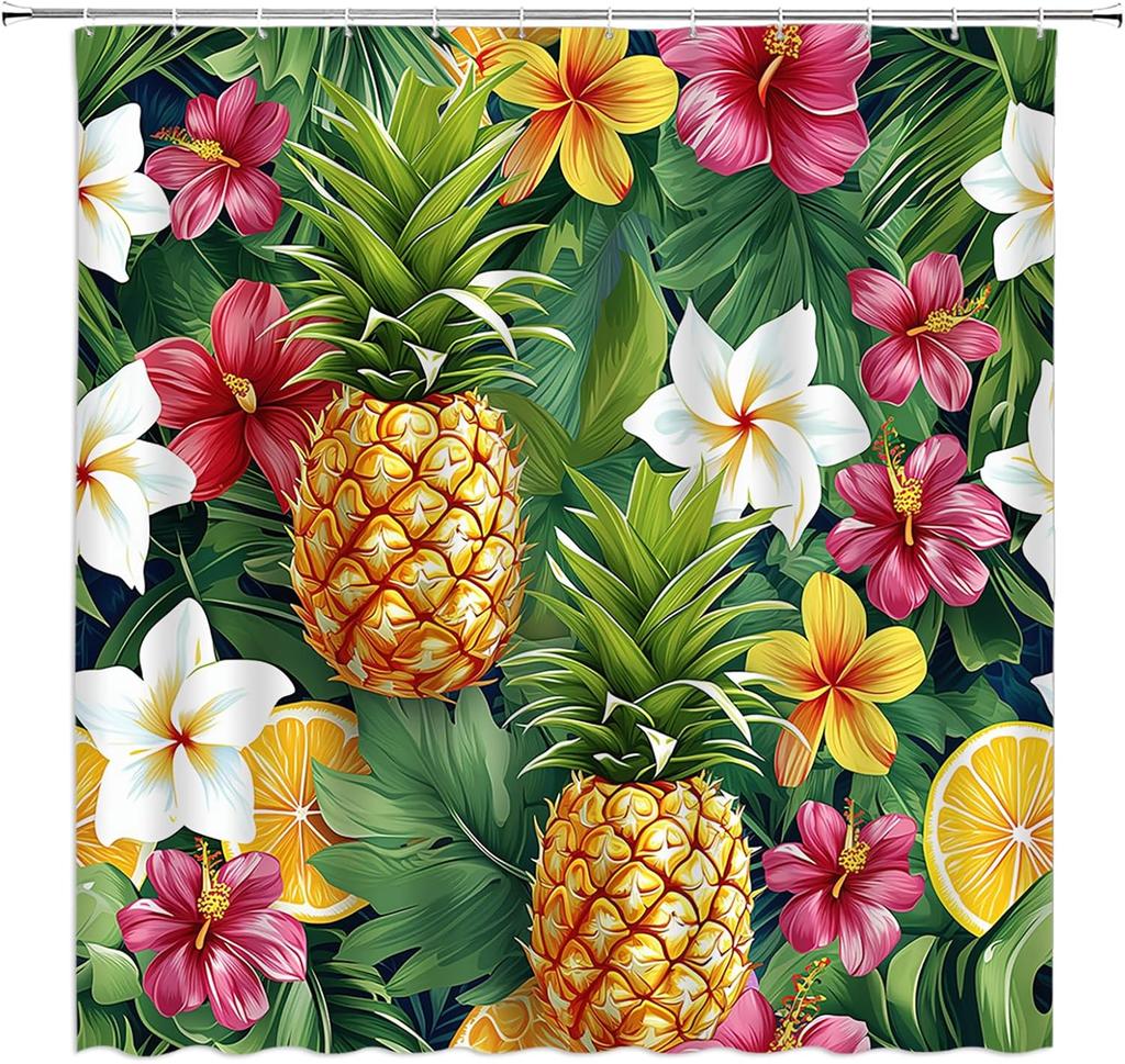 Tropical Pineapple Hibiscus Flower Shower Curtain 70X70 Inches Hawaiian Summer Theme Bathroom Decor