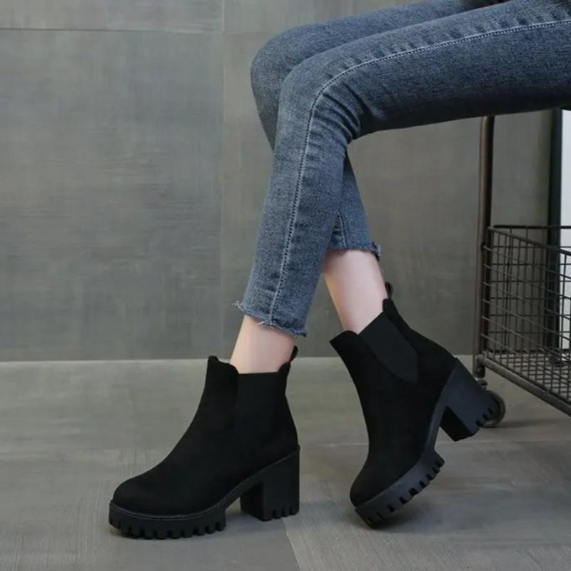 Damenstiefel Mode Wildleder Freizeitstiefel Hohe Qualität Leder Knöchelhoher Stiefel Dicker Absatz Plateau-Stiefel für Damen Leder Kurzstiefel