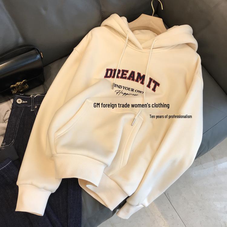 Trendy Autumn/Winter Velvet-Lined Hooded Sweatshirt for Women: Loose, Stylish, Lazy Design.