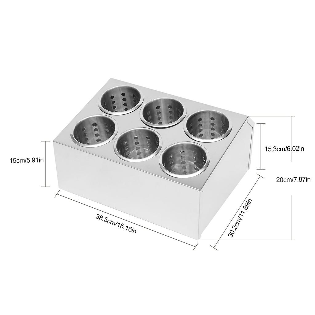Commercial 6-Hole Stainless Steel Cylinder Flatware Silverware Utensil Holder Organizer Caddy